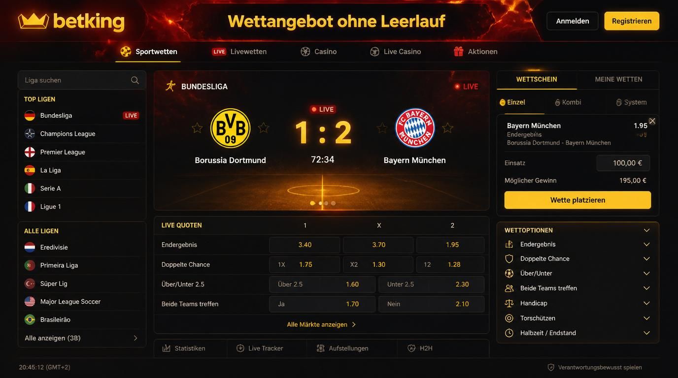 Ein Screenshot zeigt vielfältige Sportwetten: Bundesliga, Champions League, US-Sport, eSports in Live-Ansicht mit Auswahlmöglichkeiten für mehrere Märkte.