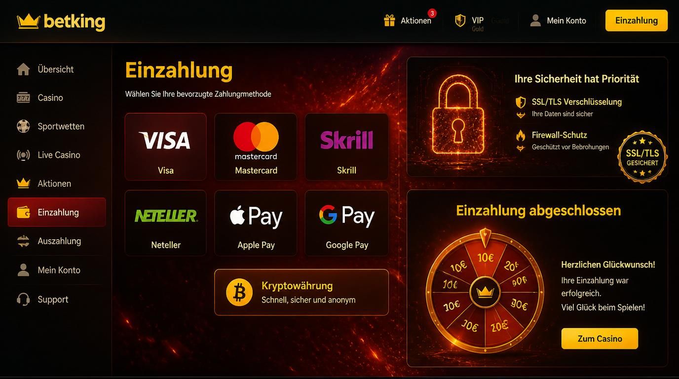 Einzahlungsoptionen wie Karten, E-Wallets und Kryptowährungen mit Sicherheitssymbolen