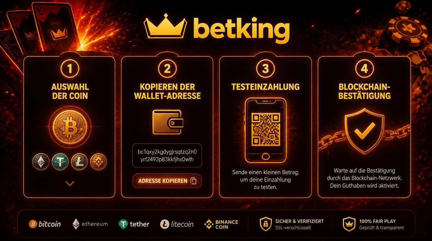 Vier Schritte zur sicheren Krypto Einzahlung mit Wallet Adresse und Blockchain Bestätigung