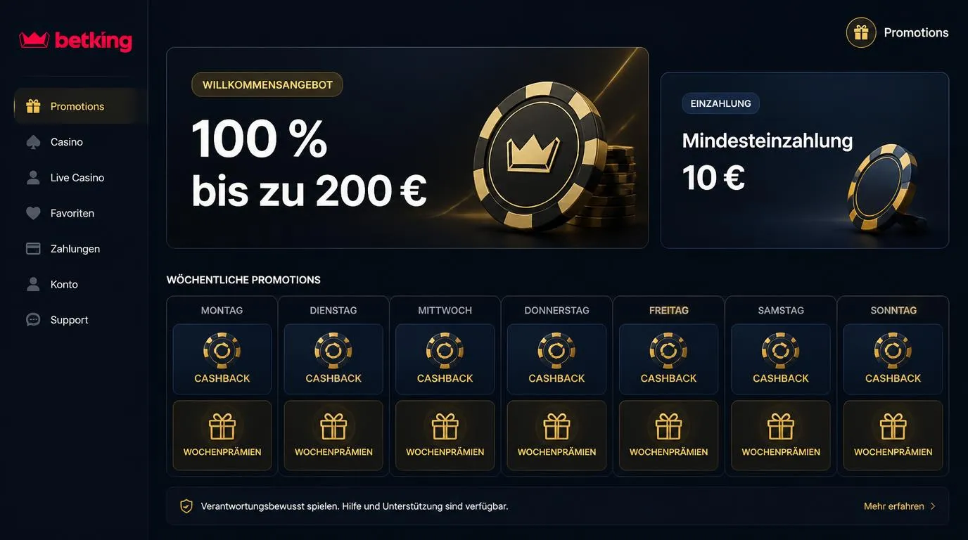 Casino-Bonusübersicht mit 100 % bis zu 200 €, 10 € Mindesteinzahlung und Kalender für wöchentliche Aktionen