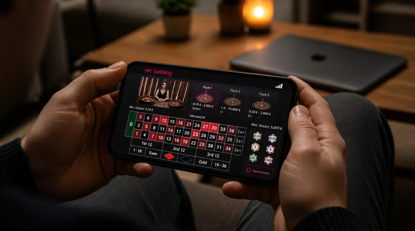 Smartphone mit Live-Casino-Tisch, sichtbaren Einsatzlimits und stabiler Mobilfunkverbindung