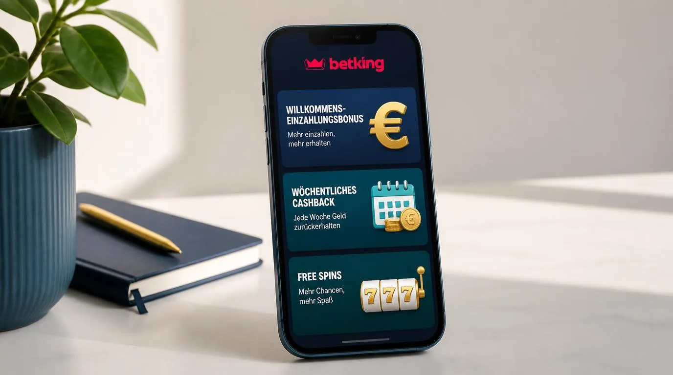 Smartphone mit übersichtlichen Karten für Willkommensbonus, Cashback und wöchentliche Freispiele