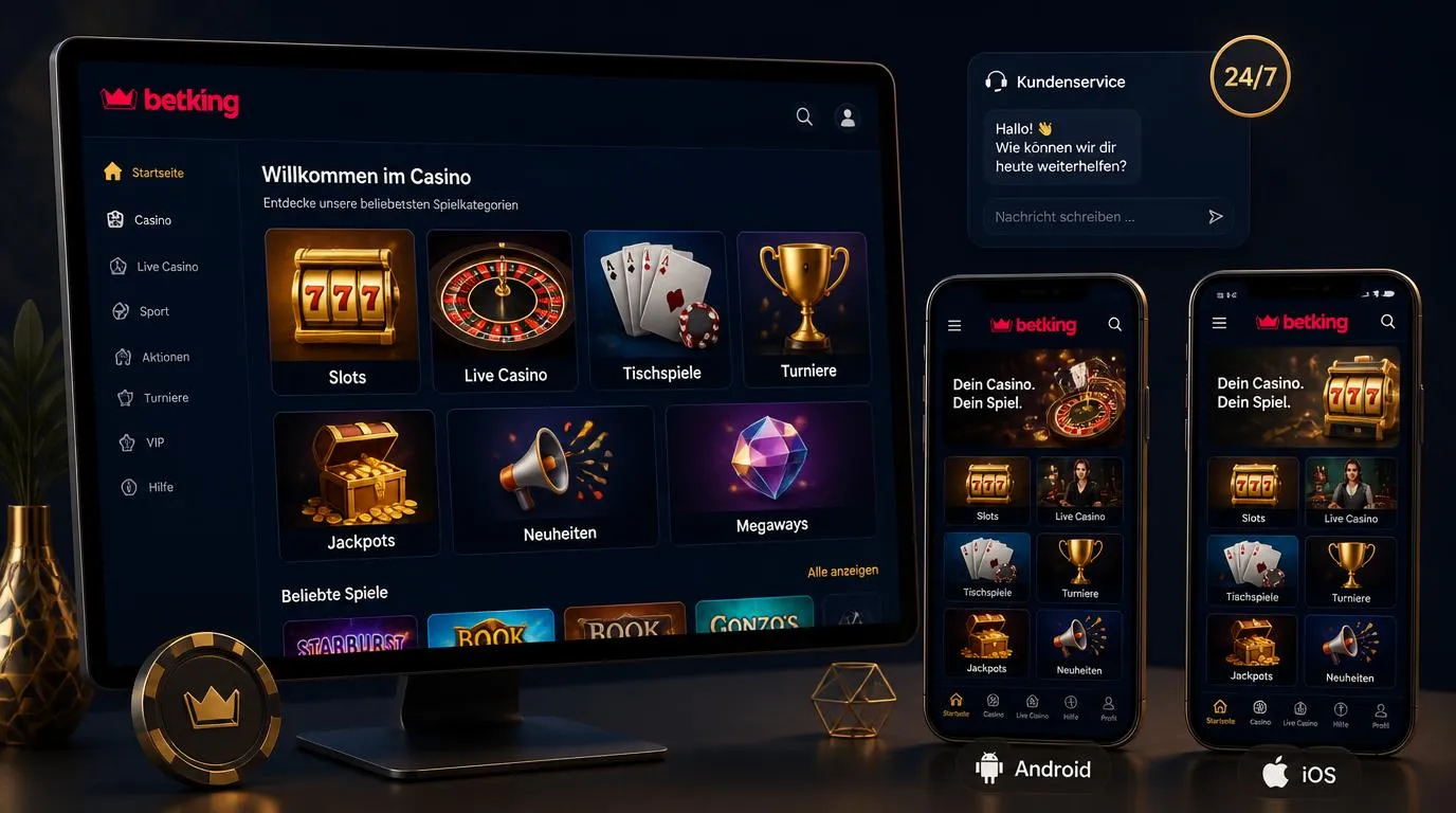Illustration mit Casino-Spielgenres, Live-Chat rund um die Uhr und mobilen Apps für Android und iOS