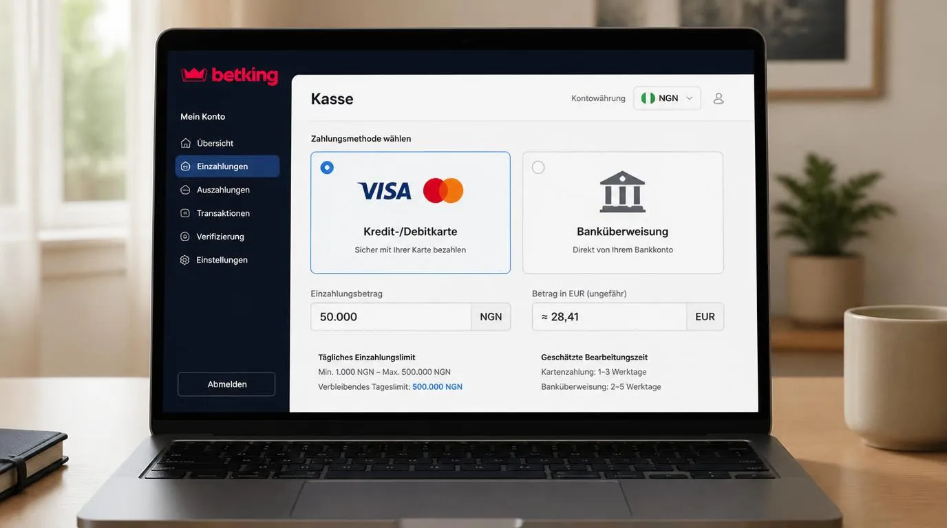 Kassenansicht mit Kartenzahlung, Banküberweisung, NGN-Kontowährung und eingeblendeten Betragsgrenzen