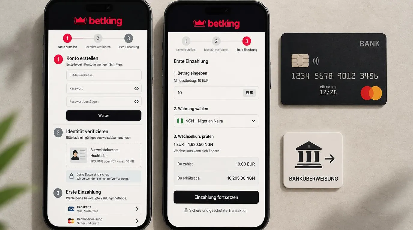 Mobilansicht mit Registrierung, Ausweisprüfung und Einzahlung per Karte oder Banküberweisung